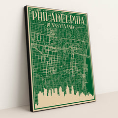 Blueprint Map of Downtown Philadelphia by Anonymous - Black Frame Stretchiez