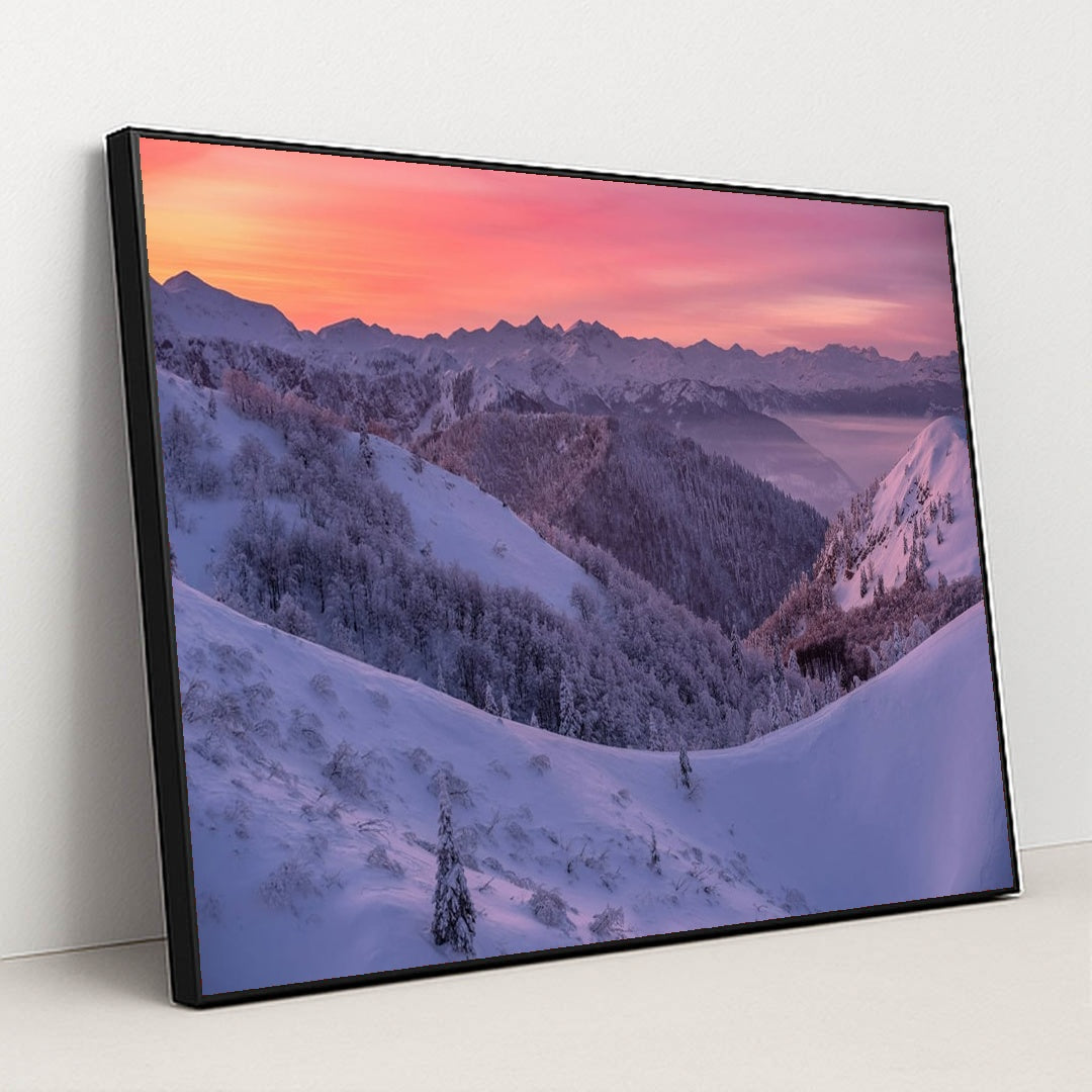 Pink Air Over Quiet Hills by Ales Krivec - Black Frame Stretchiez