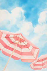 This artwork features pink and white striped beach umbrellas against a blue sky with clouds.
