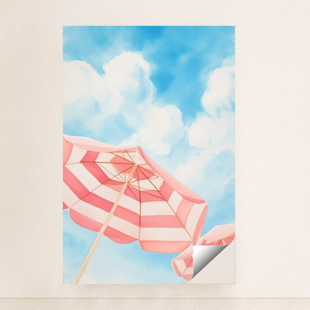 This artwork features pink and white striped beach umbrellas against a blue sky with clouds, unframed.