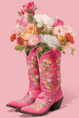 This artwork shows two pink floral cowboy boots filled with colorful roses and flowers against a solid pink background.