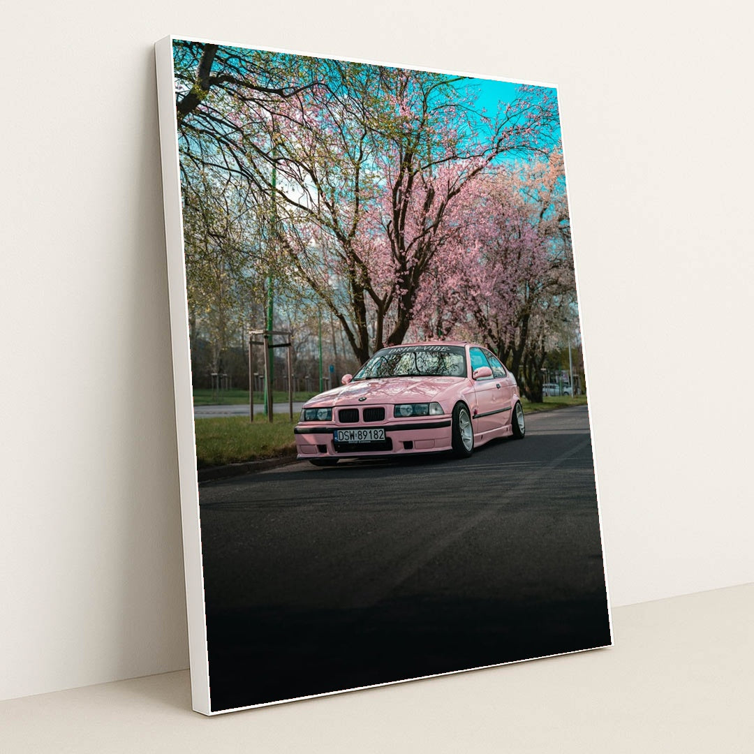 Pink E36 Under Sakura by Martin Błaszkiewicz - White Frame Stretchiez