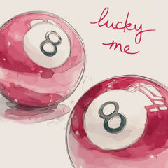 This artwork shows two pink magic eight balls with the words "lucky me" written in bright script above, unframed.