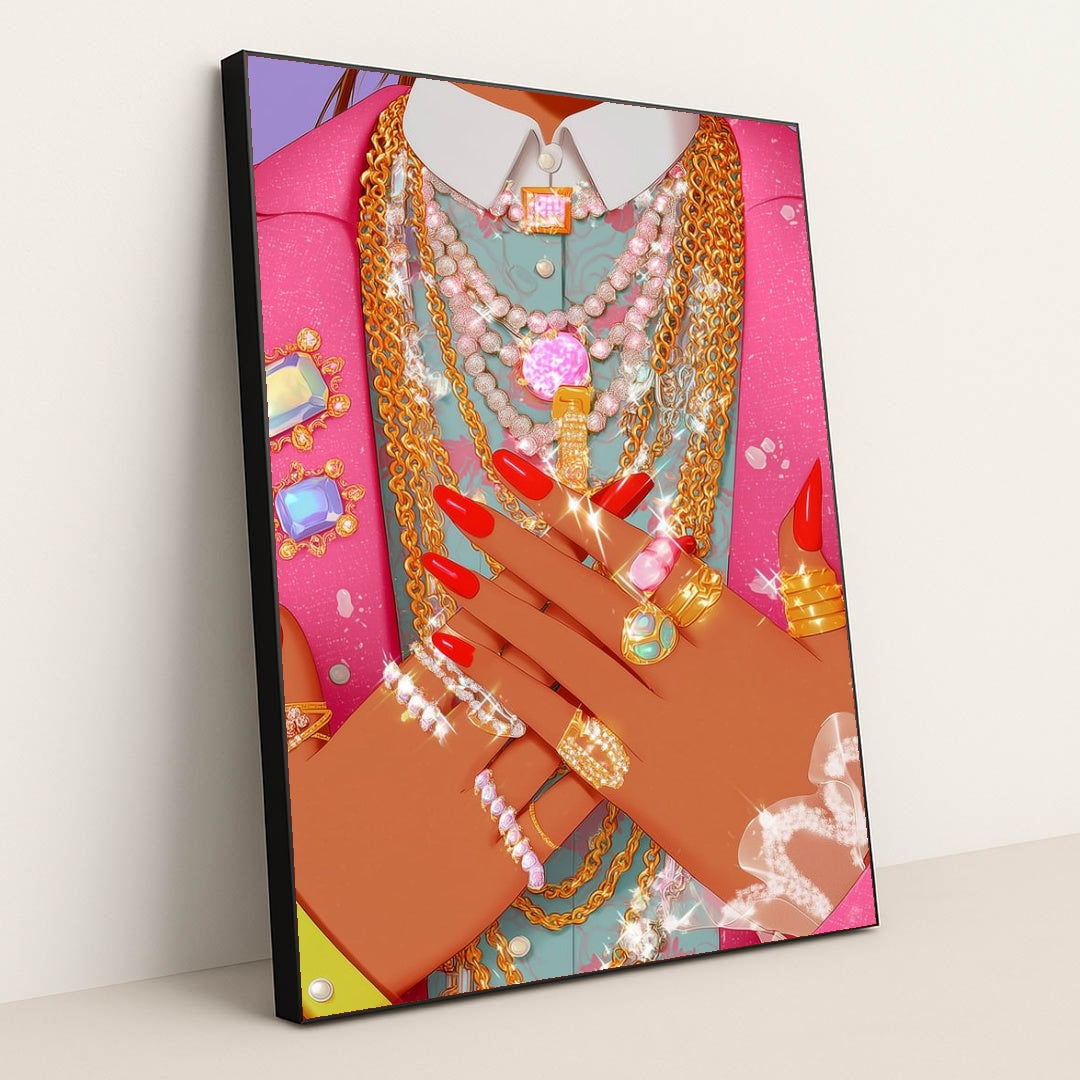 This artwork shows hands with red nails adorned with multiple sparkling gold and silver rings and necklaces over a pink jacket, in a black frame.