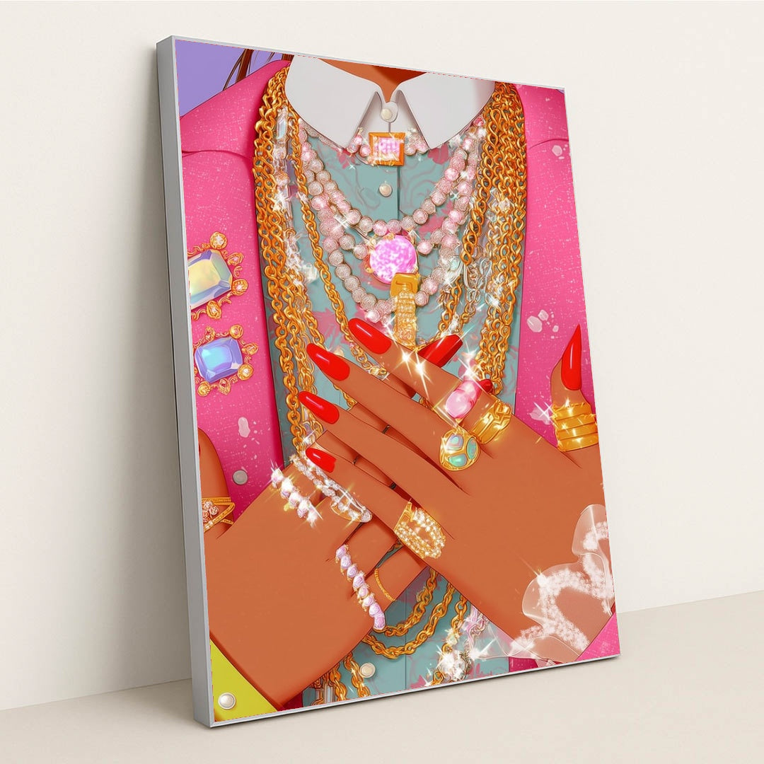 This artwork shows hands with red nails adorned with multiple sparkling gold and silver rings and necklaces over a pink jacket, in a silver frame.