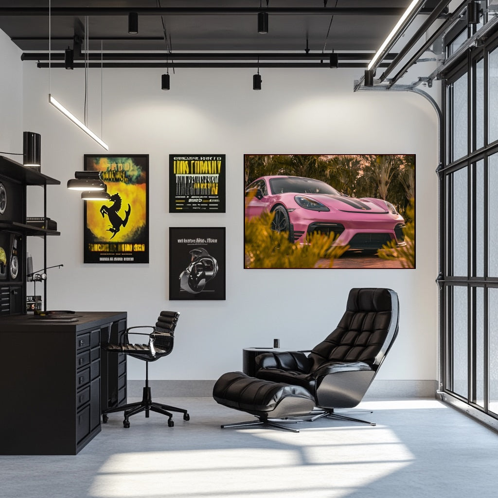 Porsche Spyder Framed by Foliage displayed in a stylish home office, featuring a modern black chair and wall art.