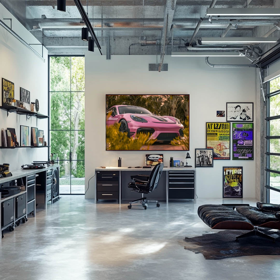 Porsche Spyder Framed by Foliage car wall art in a modern office with sleek furniture and large windows.