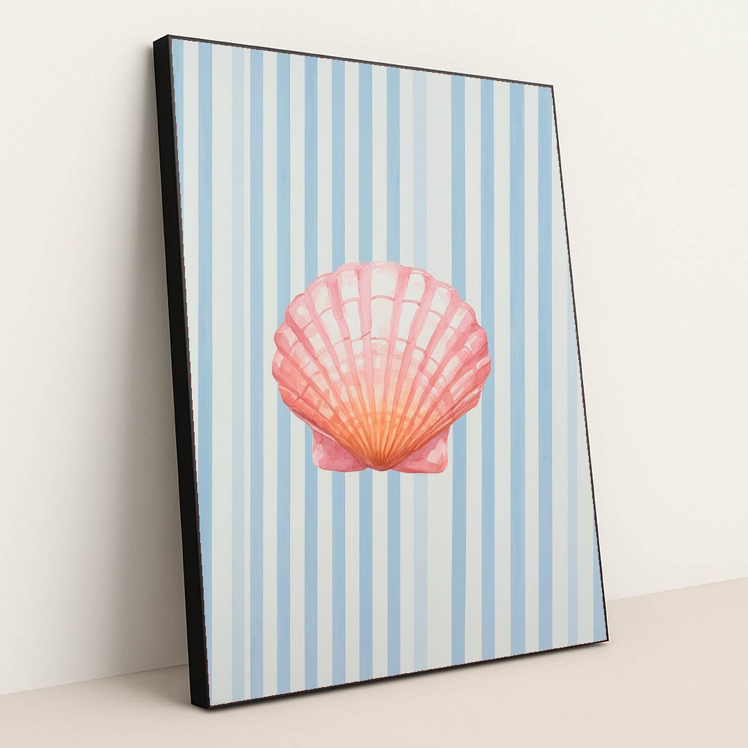 This artwork features a pink seashell on vertical blue and white stripes, in a black frame.