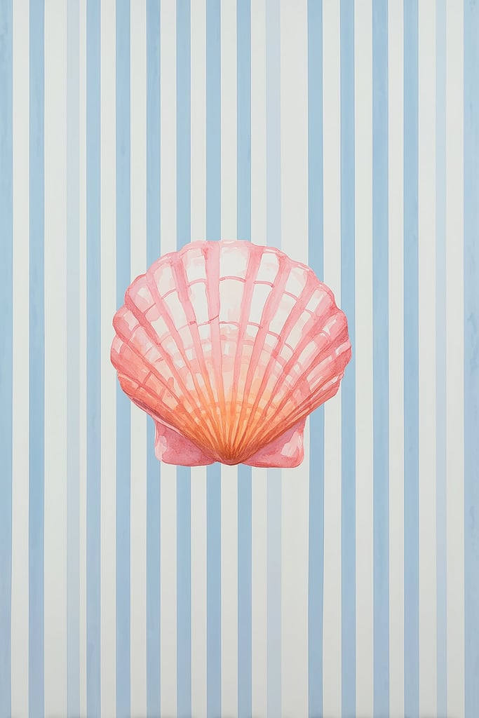 This artwork features a pink seashell on vertical blue and white stripes.