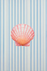 This artwork features a pink seashell on vertical blue and white stripes.