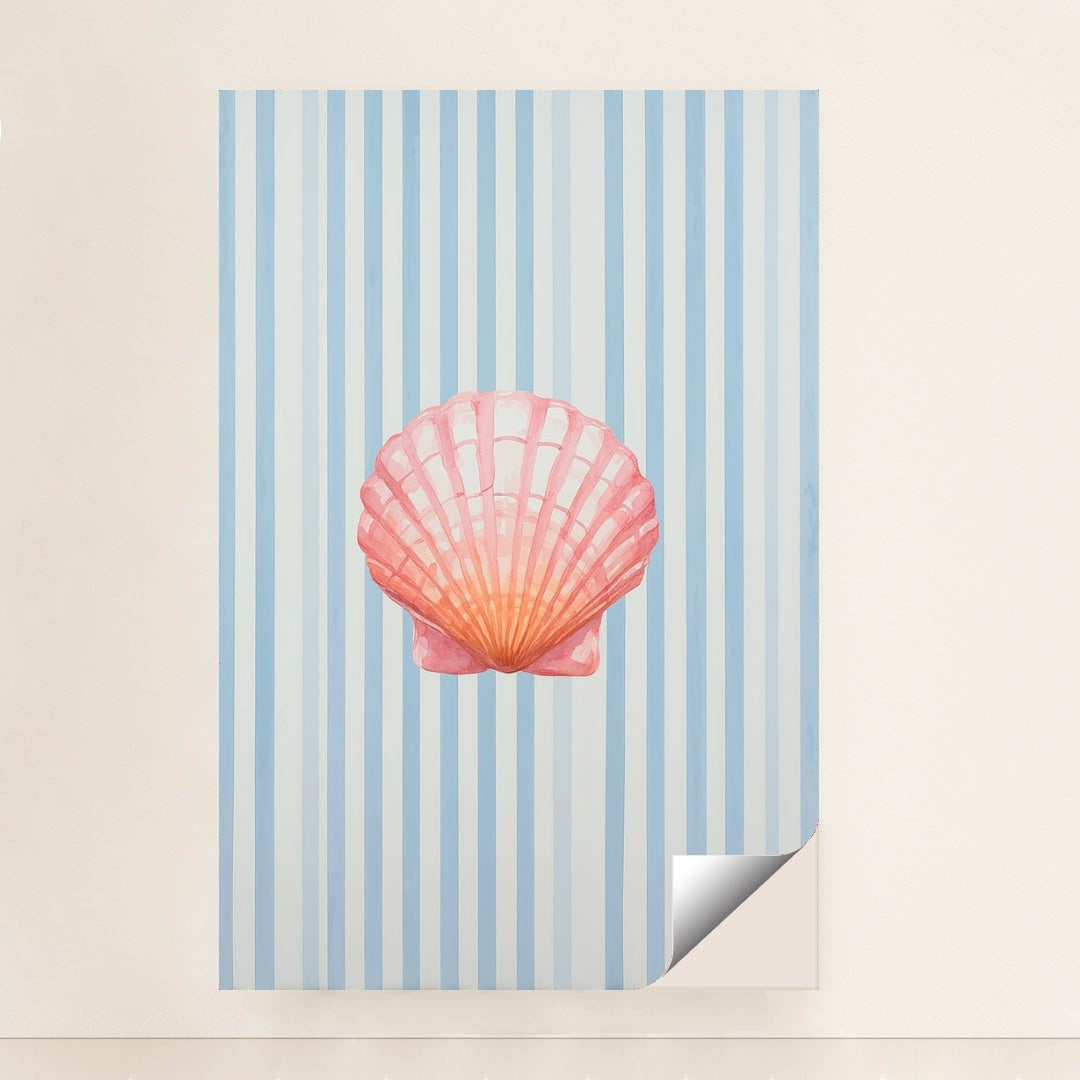 This artwork features a pink seashell on vertical blue and white stripes, unframed.