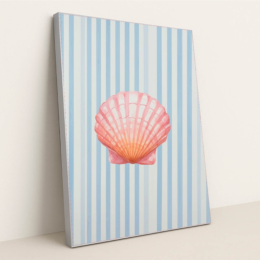 This artwork features a pink seashell on vertical blue and white stripes, in a silver frame.