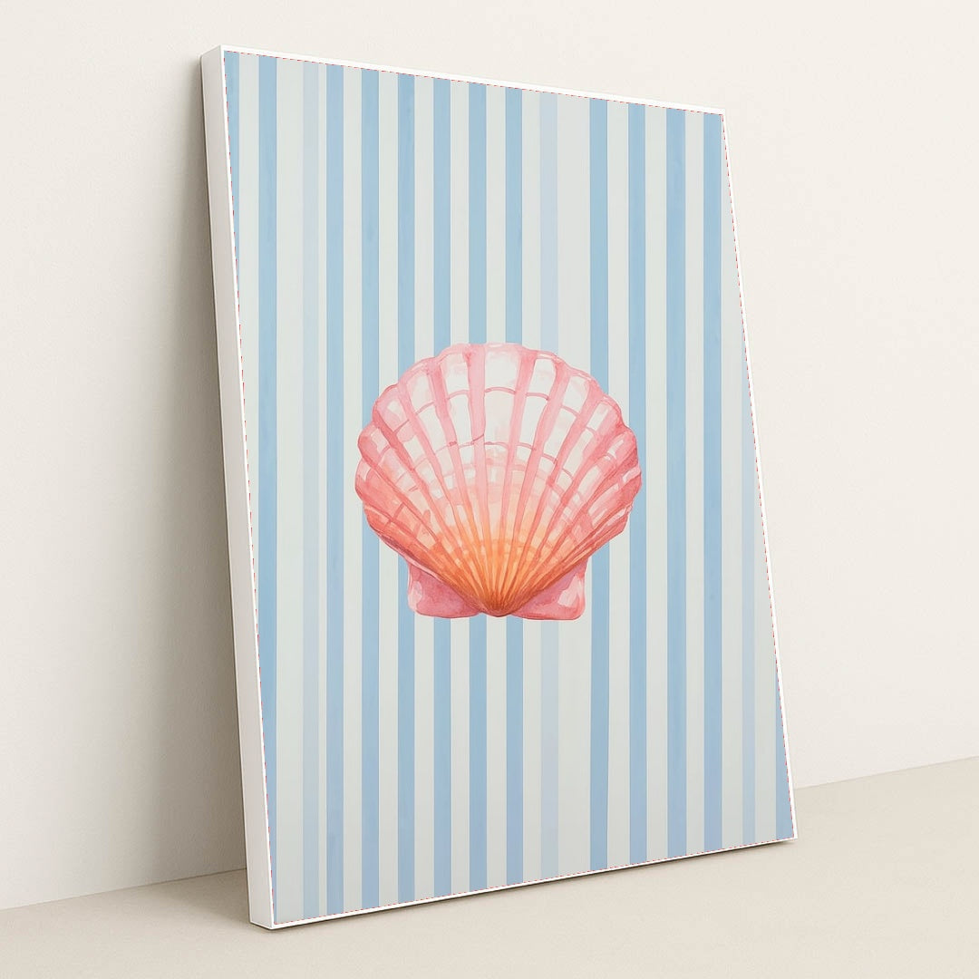 This artwork features a pink seashell on vertical blue and white stripes, in a white frame.