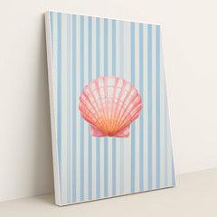 This artwork features a pink seashell on vertical blue and white stripes, in a white frame.