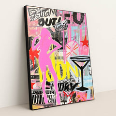 This artwork shows a vibrant street-art style collage with a pink silhouette, martini glass, stars, and layered graffiti text, in a black frame.