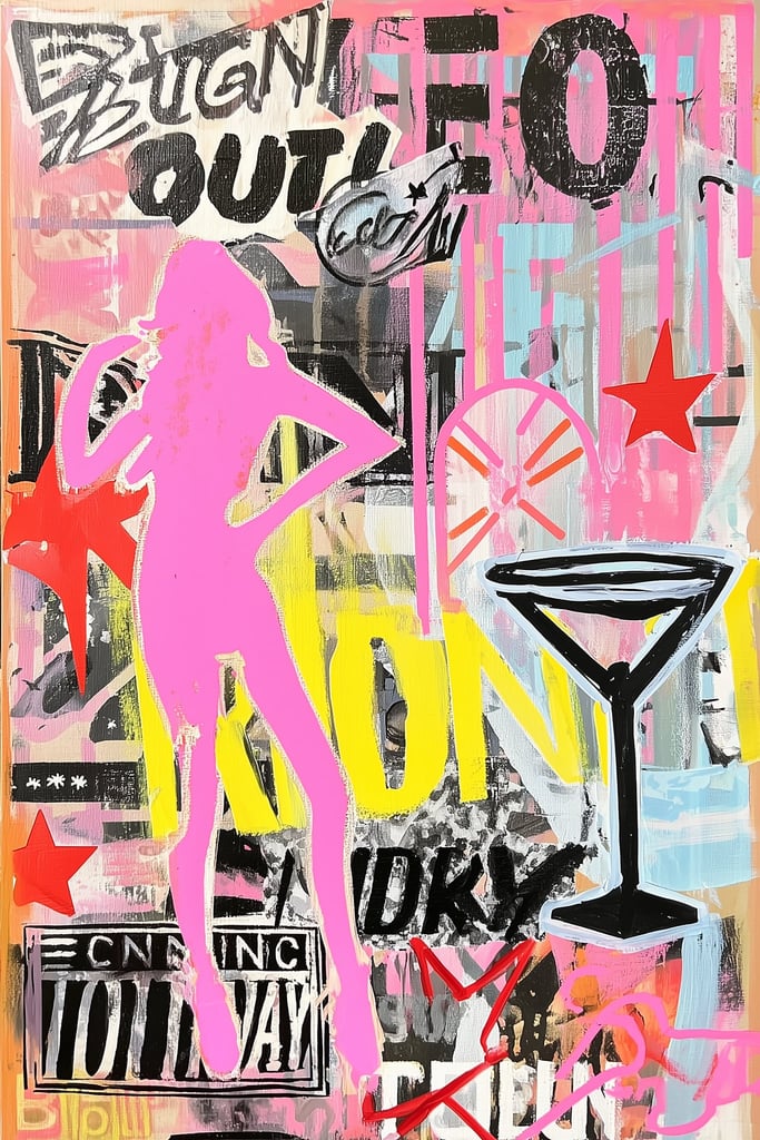 This artwork shows a vibrant street-art style collage with a pink silhouette, martini glass, stars, and layered graffiti text.
