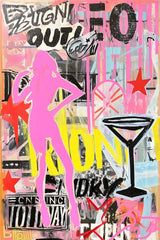 This artwork shows a vibrant street-art style collage with a pink silhouette, martini glass, stars, and layered graffiti text.
