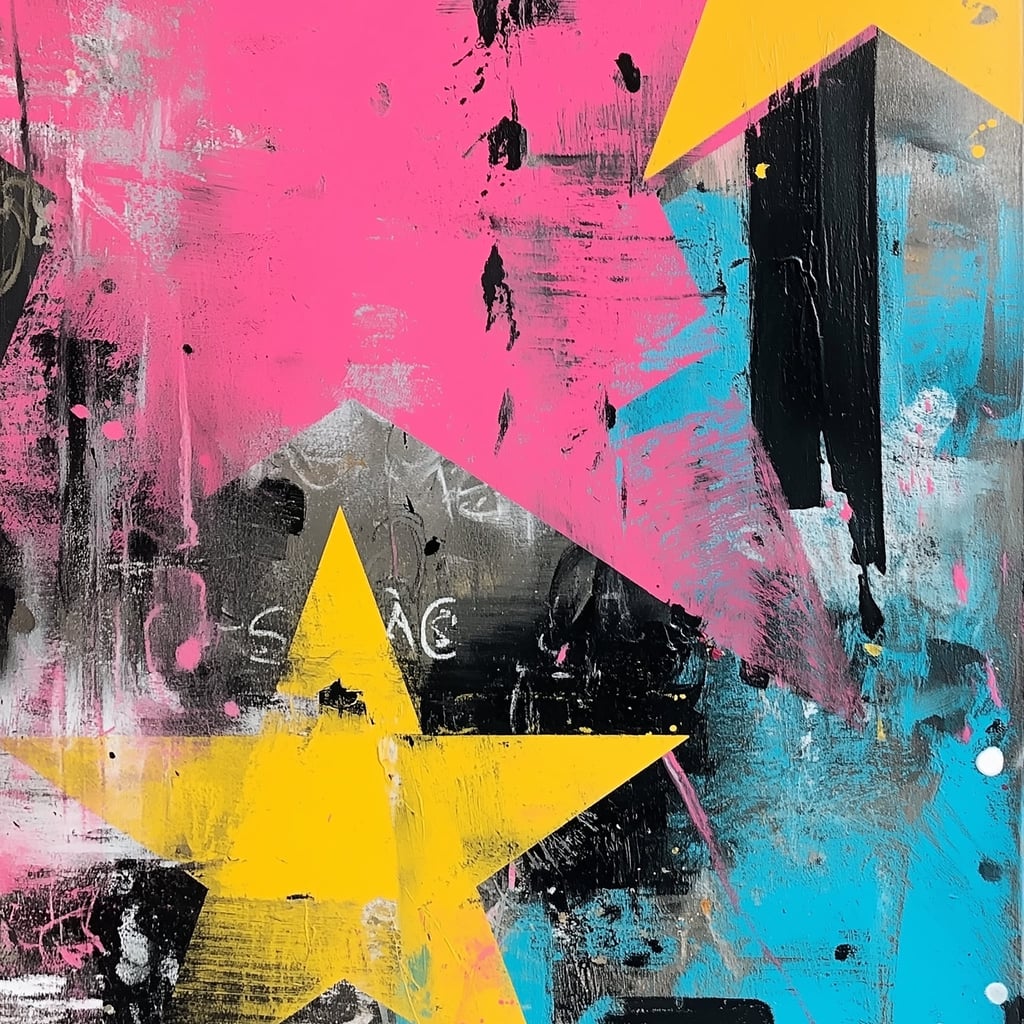 This artwork shows an abstract artwork with large yellow stars, pink and blue brushstrokes, and black and white textures, unframed.
