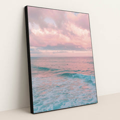 Pink Clouds at Dusk Above Ocean Waves with Surfers by Jess Loiterton - Black Frame Stretchiez