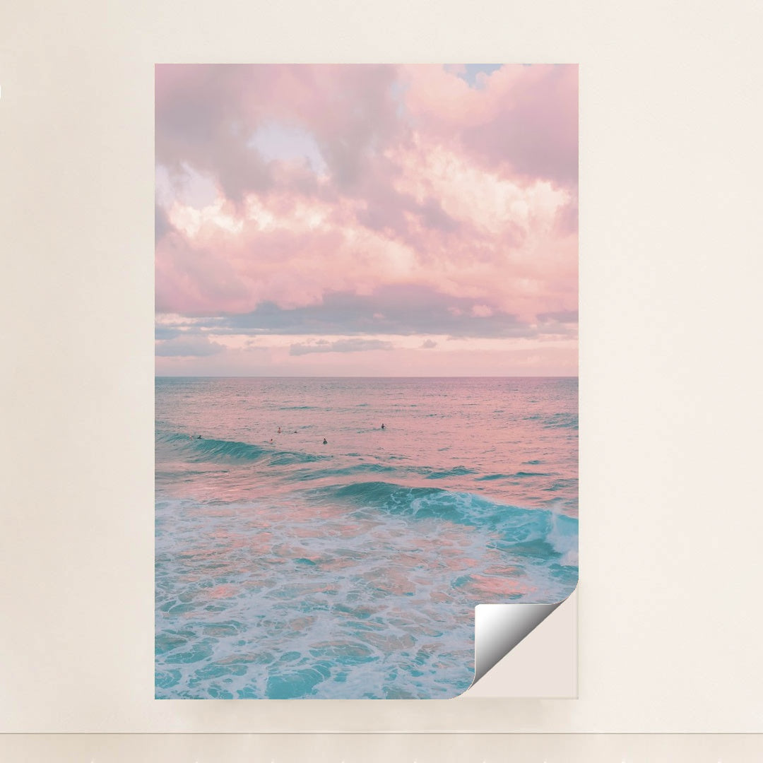 Pink Clouds at Dusk Above Ocean Waves with Surfers by Jess Loiterton - Peeliez