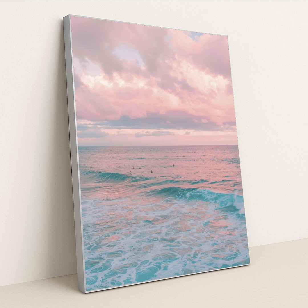 Pink Clouds at Dusk Above Ocean Waves with Surfers by Jess Loiterton - Silver Frame Stretchiez