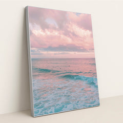 Pink Clouds at Dusk Above Ocean Waves with Surfers by Jess Loiterton - Silver Frame Stretchiez