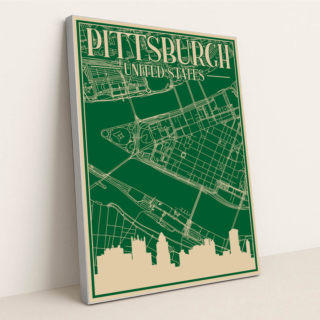 Pittsburgh Urban Blueprint City Map by Anonymous - Silver Frame Stretchiez