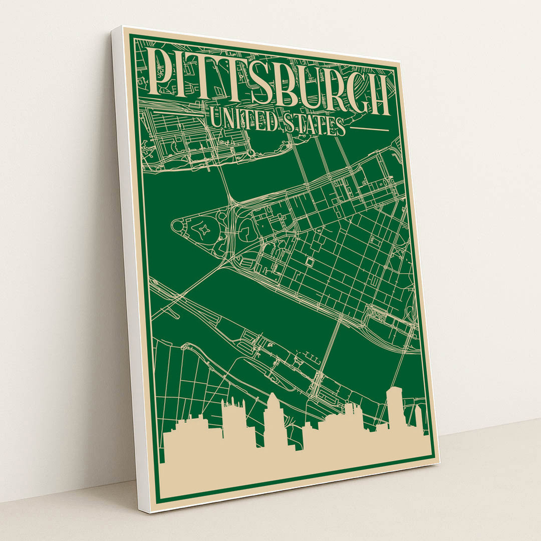 Pittsburgh Urban Blueprint City Map by Anonymous - White Frame Stretchiez