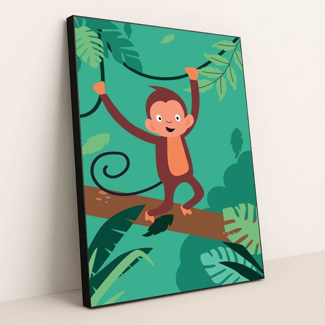 Playful Monkey on a Tree Branch by Andania Humaira - Black Frame Stretchiez