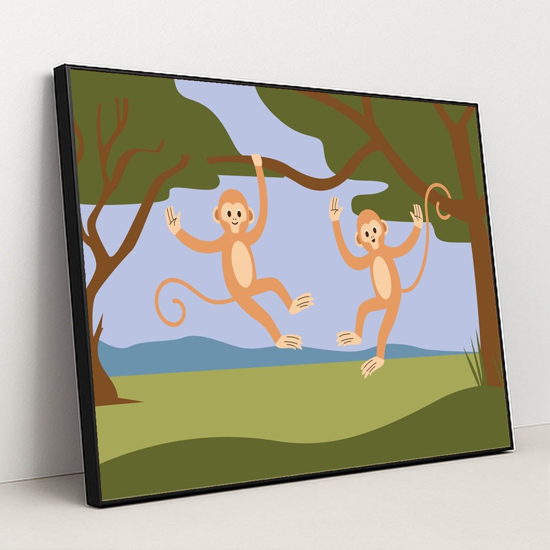 Playful Monkeys in a Tree by Silverfork Studio - Black Frame Stretchiez