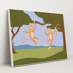 Playful Monkeys in a Tree by Silverfork Studio - White Frame Stretchiez
