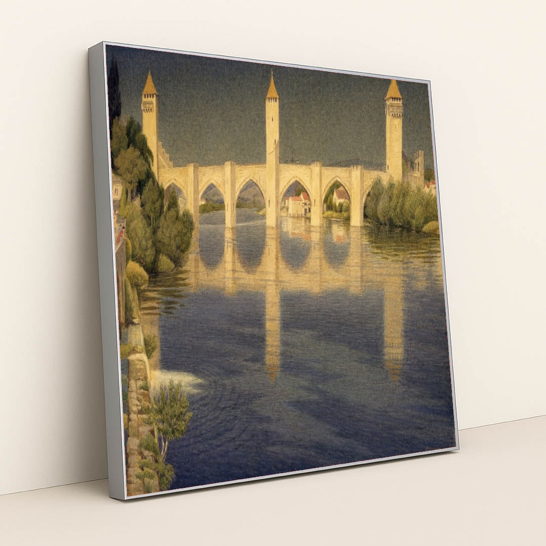 Pont Valentre, Cahors, France (1936) by Joseph Edward Southall - Silver Frame Stretchiez