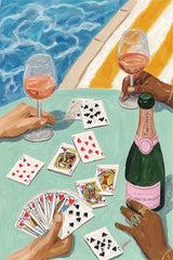 This artwork features two hands holding wine glasses, playing cards, and a bottle of rosé by a pool.