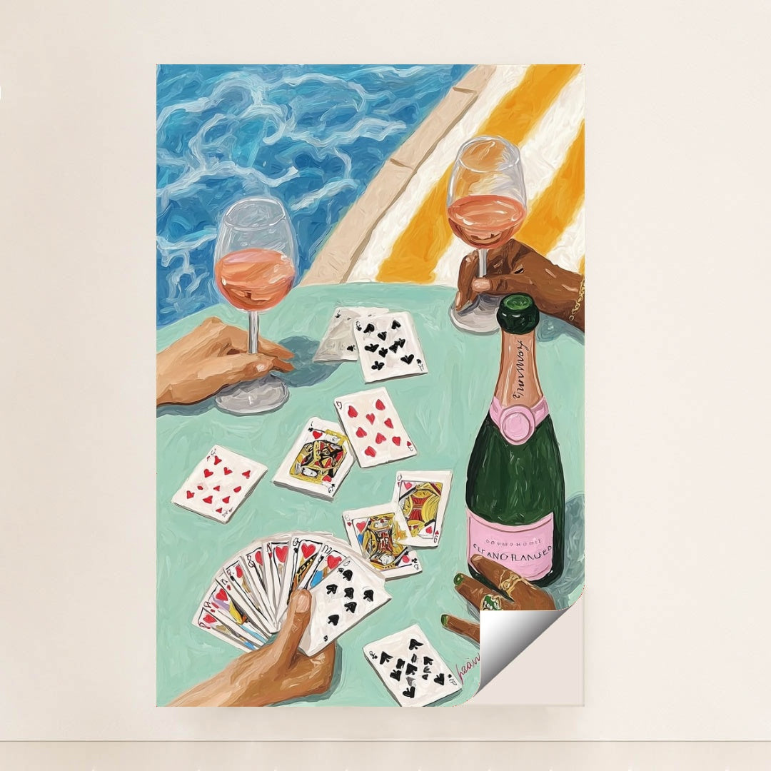 This artwork features two hands holding wine glasses, playing cards, and a bottle of rosé by a pool, unframed.