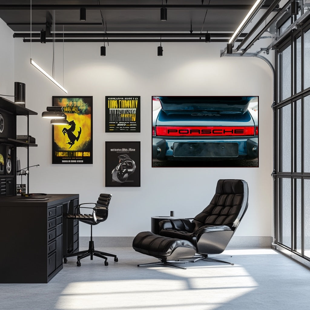 Porsche Carrera Rear in Focus displayed in a modern workspace, showcasing car wall art with a sleek black chair and stylish decor.