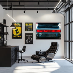 Porsche Carrera Rear in Focus displayed in a modern workspace, showcasing car wall art with a sleek black chair and stylish decor.