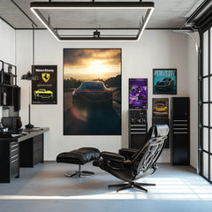Black Porsche in Sunset Light featured as stunning wall art in a modern office, enhancing the urban aesthetic.