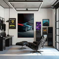 Porsche 911 No. 63 Garage Scene featuring pastel blue car wall art in a stylish garage setting.
