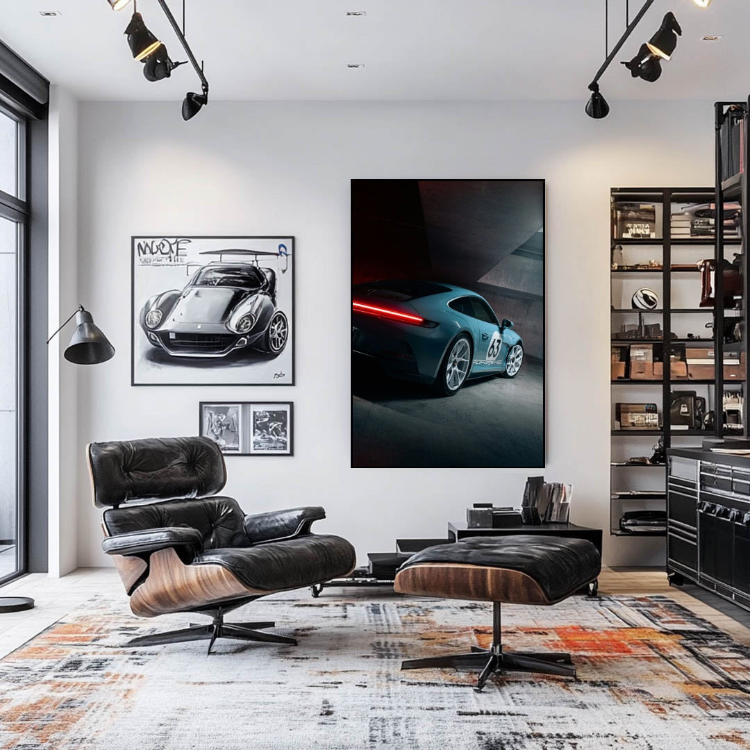 Porsche 911 No. 63 Garage Scene as wall art in a modern living room with stylish furniture.