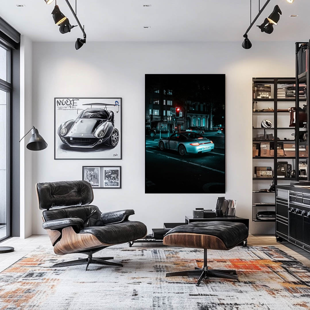 Porsche 911 in the Urban Night displayed as car wall art in a stylish living room with modern decor.