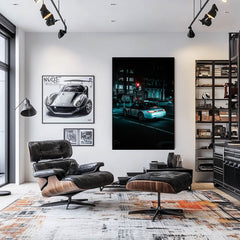 Porsche 911 in the Urban Night displayed as car wall art in a stylish living room with modern decor.