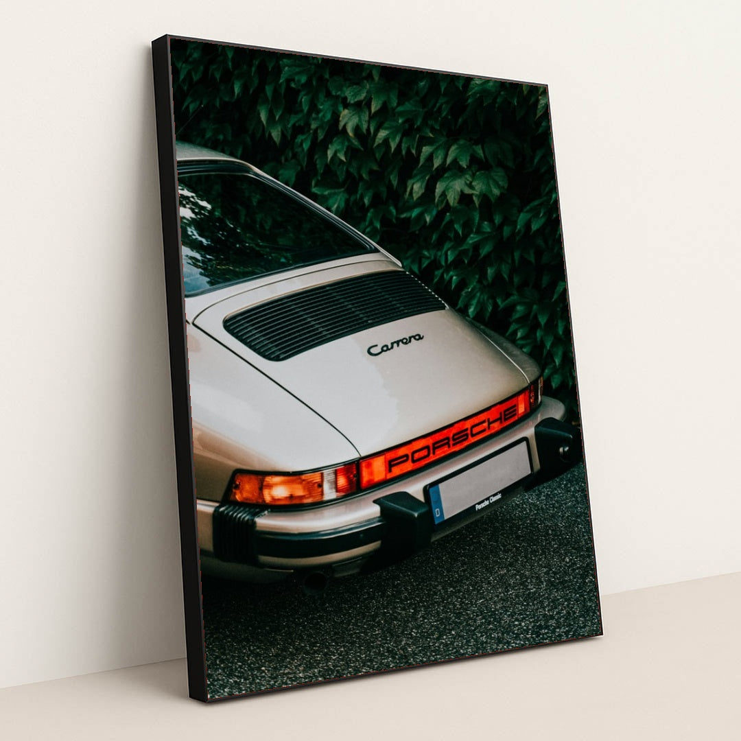 This photo shows the rear end of a classic silver Porsche Carrera parked in front of green leafy foliage, in a black frame.