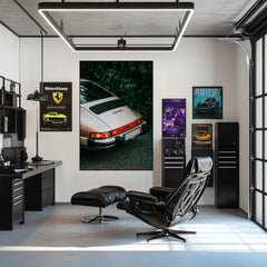 Silver Porsche 911 Carrera wall art in a modern office, showcasing Ivy Meets Carrera design with vintage automotive charm.