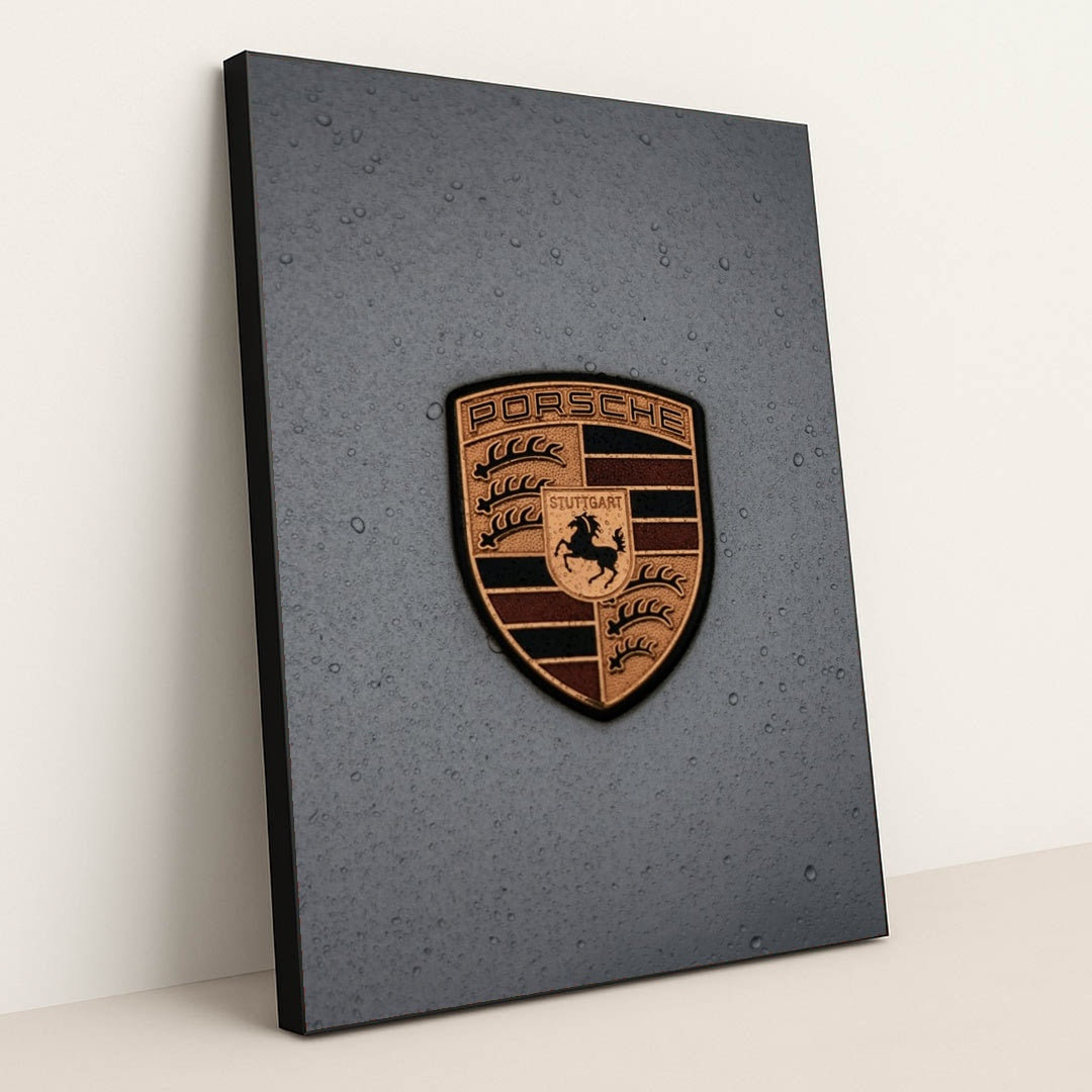 Porsche Crest in the Rain by Joshua Artero - Black Frame Stretchiez