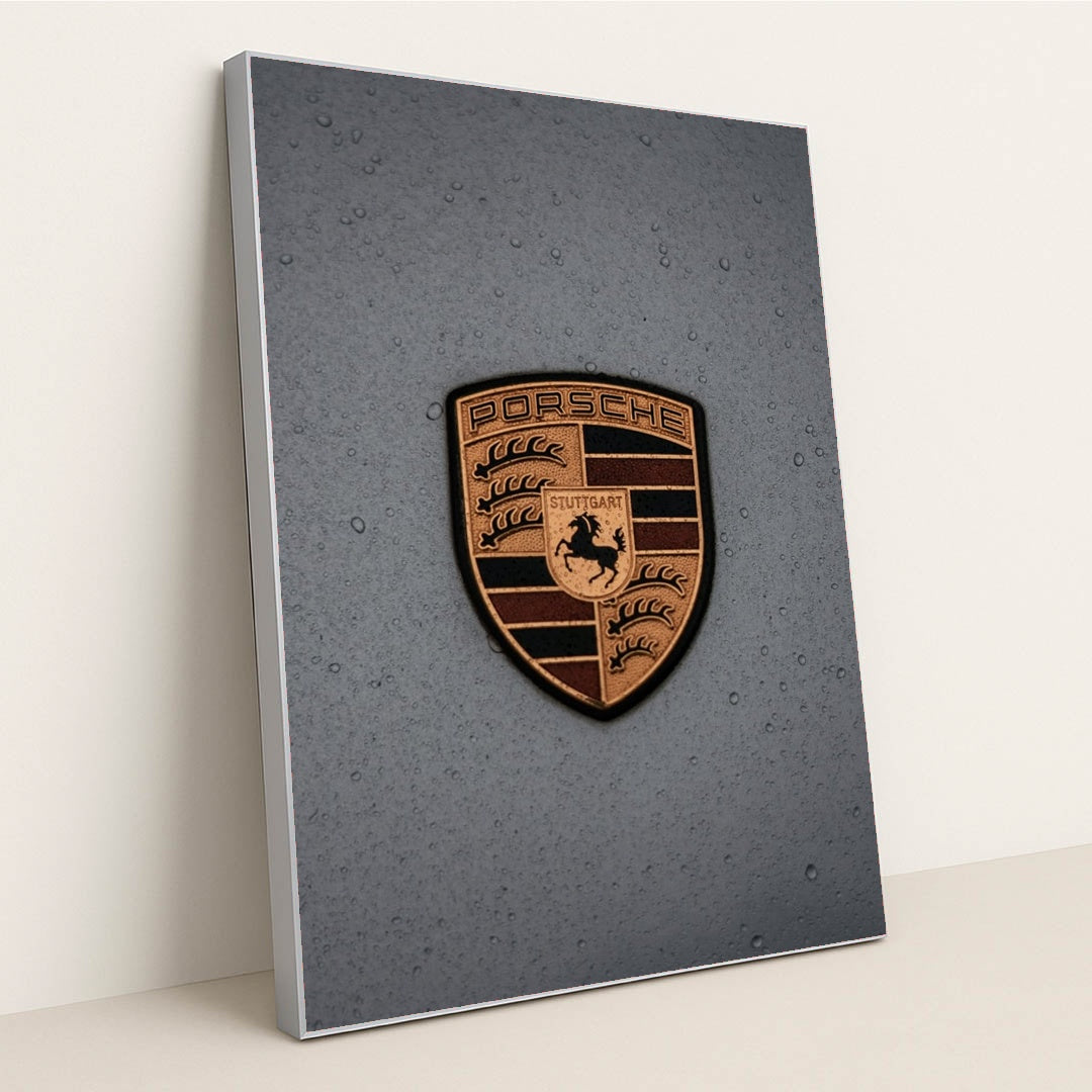 Porsche Crest in the Rain by Joshua Artero - Silver Frame Stretchiez