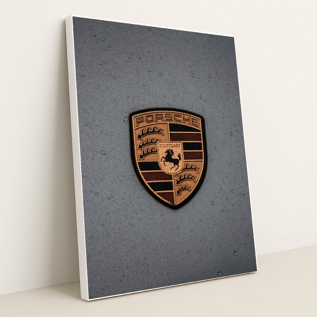 Porsche Crest in the Rain by Joshua Artero - White Frame Stretchiez