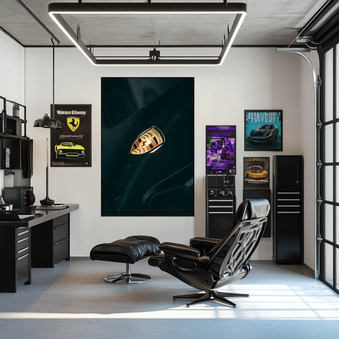 Porsche Emblem in Focus, a close-up wall art showcasing the gold and crimson Porsche badge in a sleek, modern office.