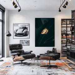Porsche Emblem in Focus displayed as car wall art in a modern living room with sleek furniture.