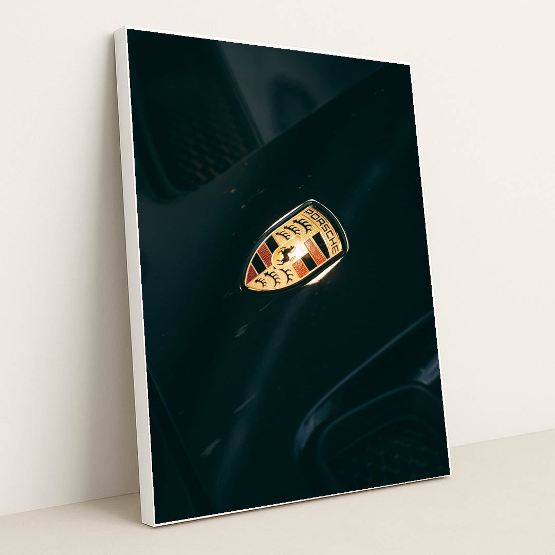 Porsche Emblem in Focus by Nejc Soklic - White Frame Stretchiez
