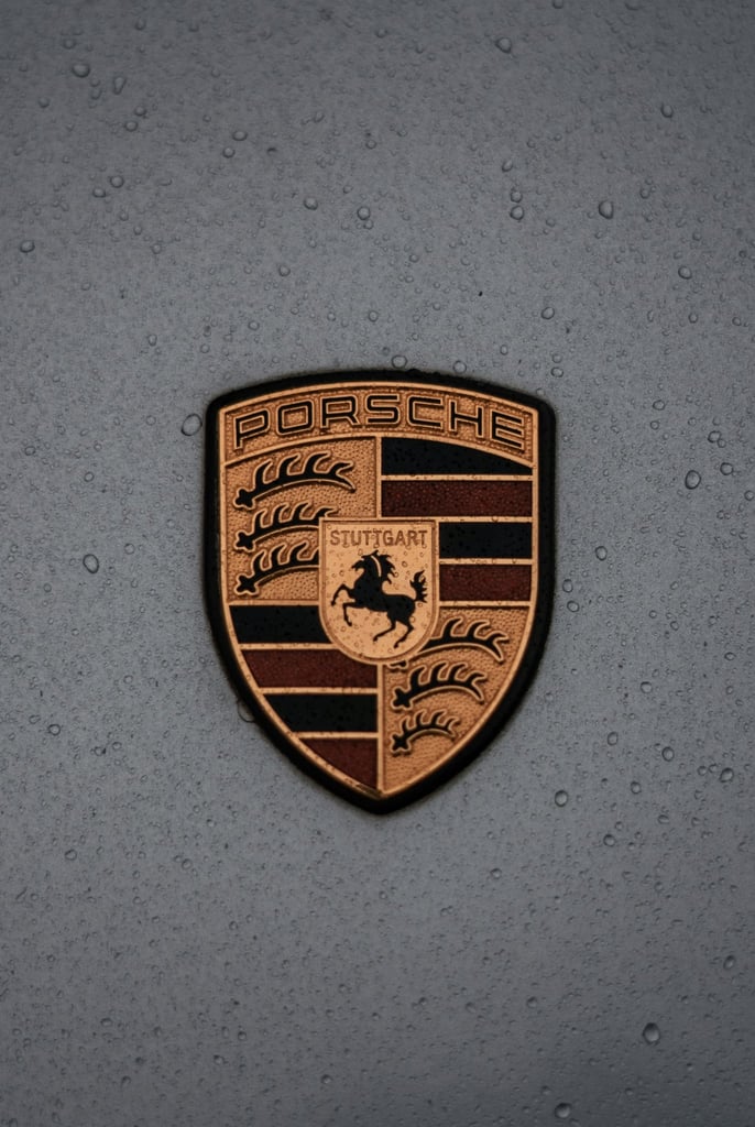 Porsche Crest in the Rain on slate-gray hood with water droplets accentuating the badge's details, ideal for car wall art.